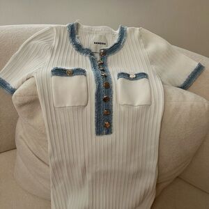 Sandro Ivory and Denim Blue Buttoned dress